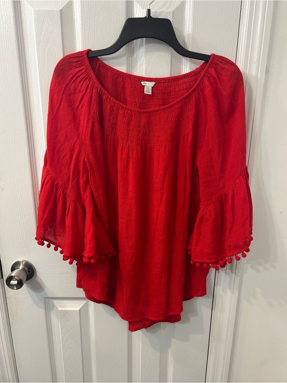 Cato Red Peasant Tunic with Pom-Pom Trim